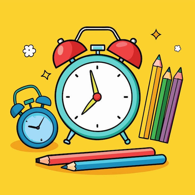 un dibujo de un reloj con un sombrero rojo y lápices