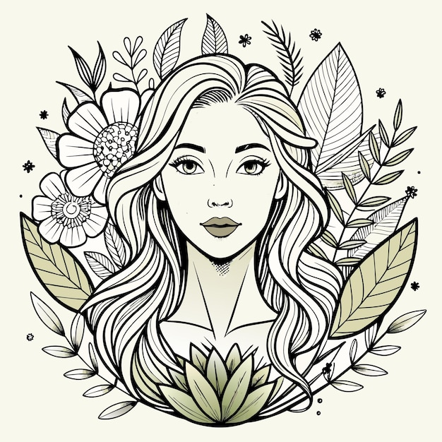 Vector dibujo de un retrato de una muchacha de flores dibujado a mano mascota personaje de dibujos animados pegatina icono concepto aislado