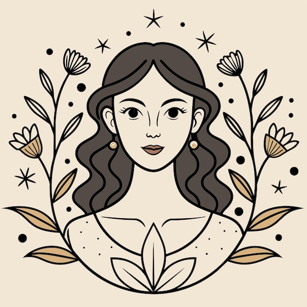 Vector dibujo de un retrato de una muchacha de flores dibujado a mano mascota personaje de dibujos animados pegatina icono concepto aislado