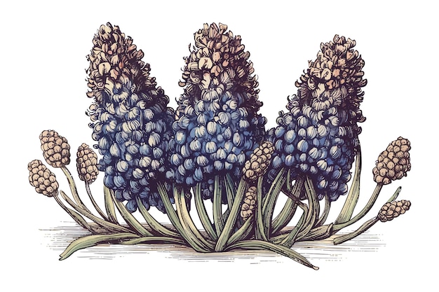 Dibujo retro de flores Muscari aislado en el fondo Ilustración vectorial de dibujos animados