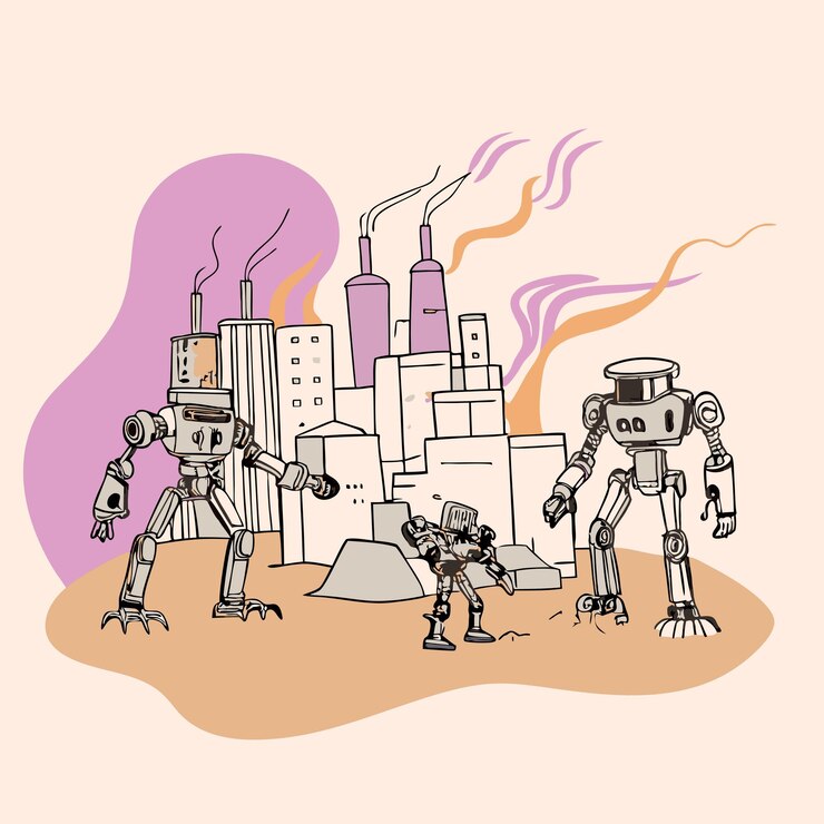 Vector un dibujo de robot y robot con un fondo rosa con un fondo púrpura