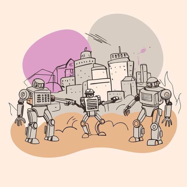 un dibujo de robots con un fondo rosa y una ciudad en el fondo