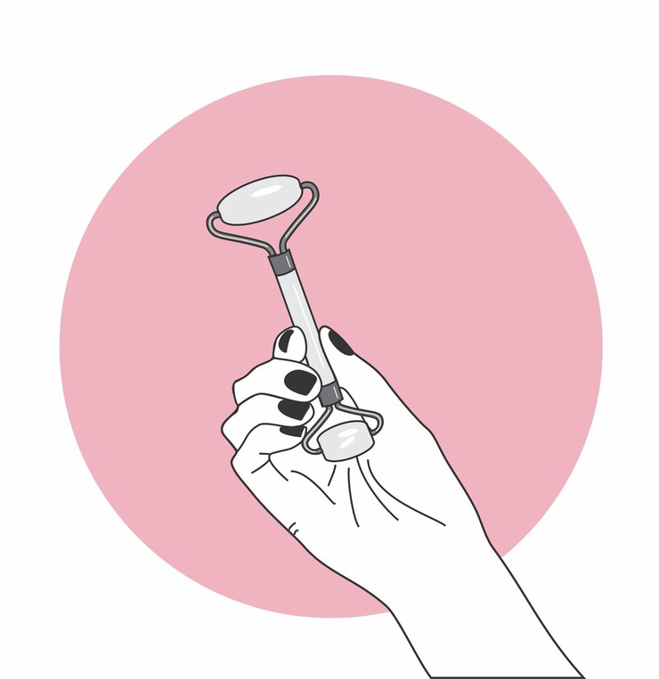 Vector dibujo de rodillo de belleza dibujo de cuidado de la piel mano sujetando rodillo de belleza
