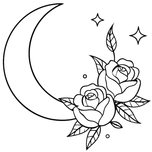 un dibujo de una rosa blanca y una media luna