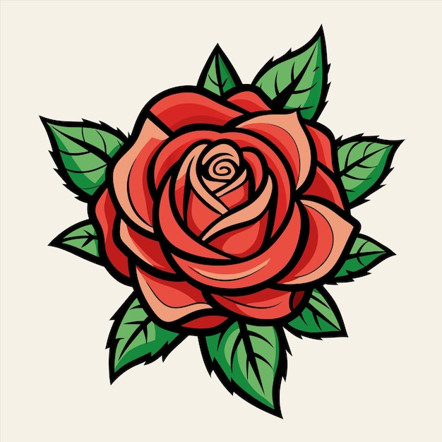 un dibujo de una rosa roja con hojas verdes