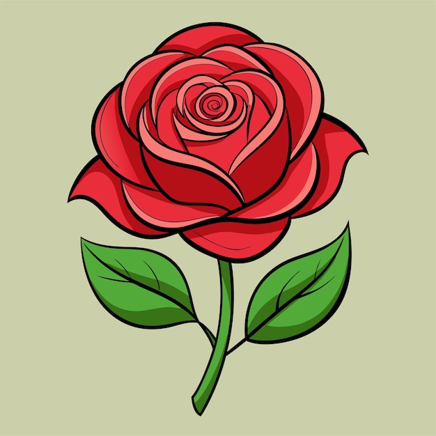 un dibujo de una rosa roja con hojas verdes