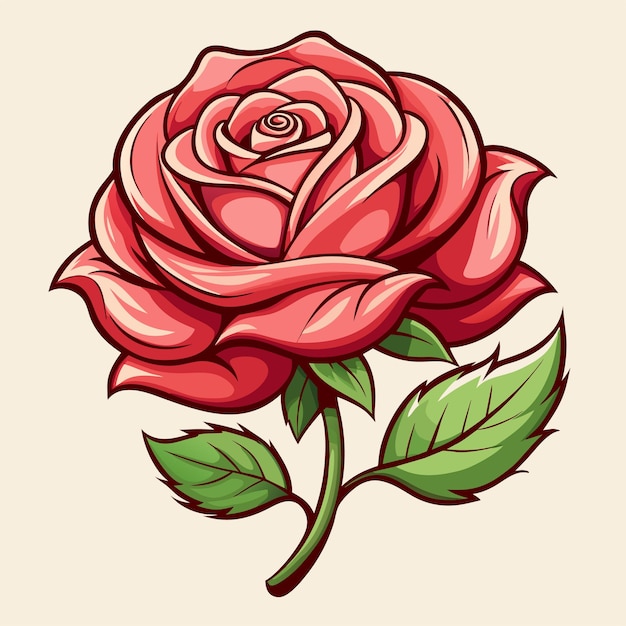un dibujo de una rosa roja con hojas verdes