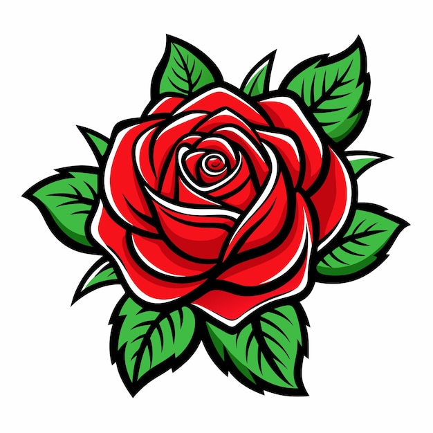 un dibujo de rosas rojas con hojas verdes y una ilustración vectorial de fondo blanco