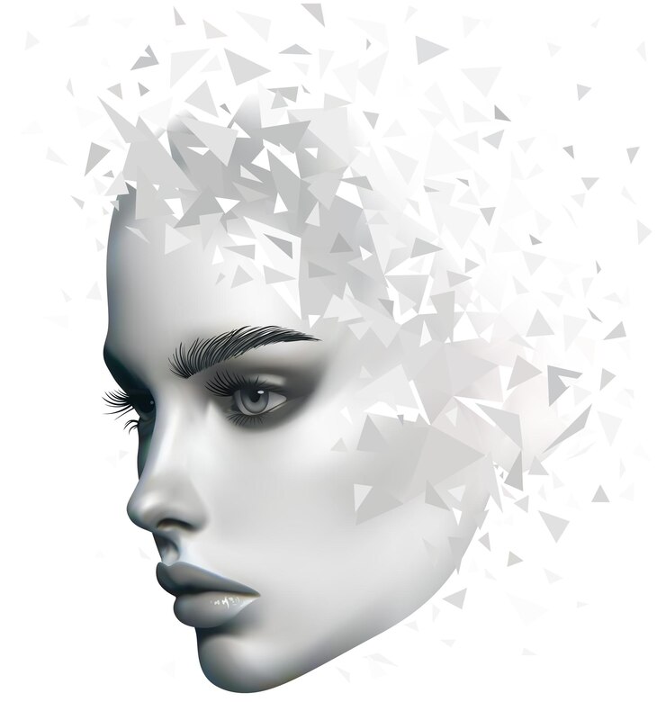 Vector dibujo de un rostro de una hermosa mujer desintegrándose en fragmentos ilustración fotorrealista vecto
