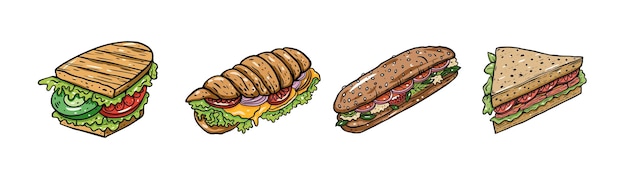 Vector un dibujo de un sándwich con lechuga, tomate y queso.