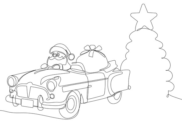un dibujo de Santa conduciendo un coche con una estrella en la parte superior