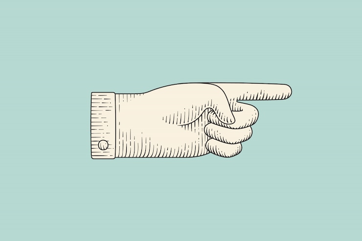 Vector dibujo de signo de mano con dedo acusador en estilo de grabado