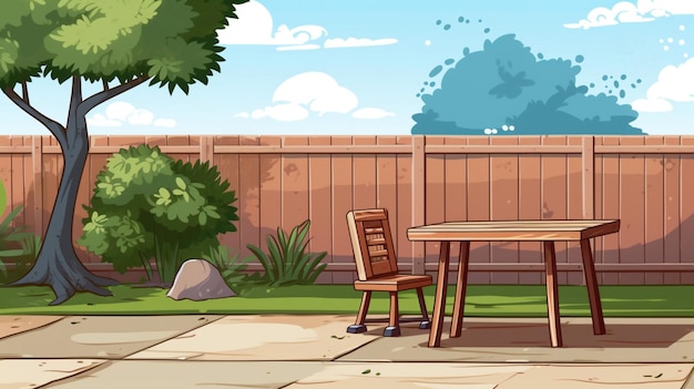 Vector un dibujo de una silla y una mesa afuera con un fondo de cielo
