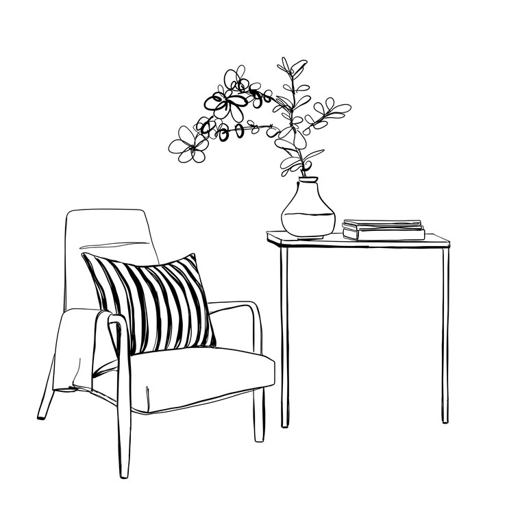 Dibujo de silla y mesa. Muebles dibujados a mano