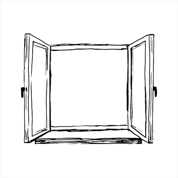 Dibujo de silueta de ventana abierta antigua Ilustración de garabato vectorial aislada sobre fondo blanco