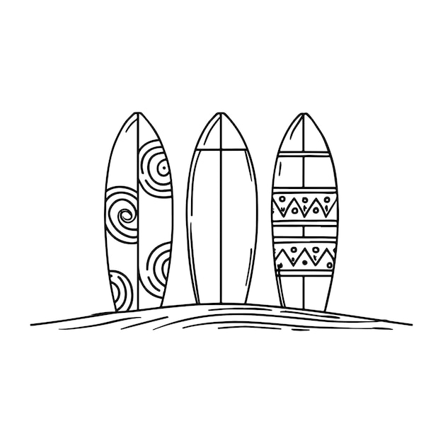 Dibujo simple de 3 tablas de surf en la arena con diferentes patrones