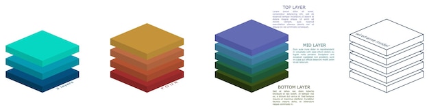 Dibujo simple de capas cuadradas tridimensionales, se pueden usar diferentes versiones en infografía