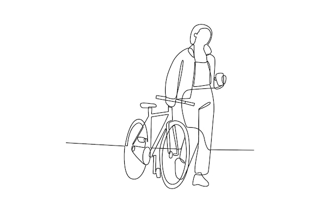 Dibujo simple de una línea continua de una mujer que usa una bicicleta para sus actividades diarias Actividades diarias concepto minimalista Ilustración vectorial simple