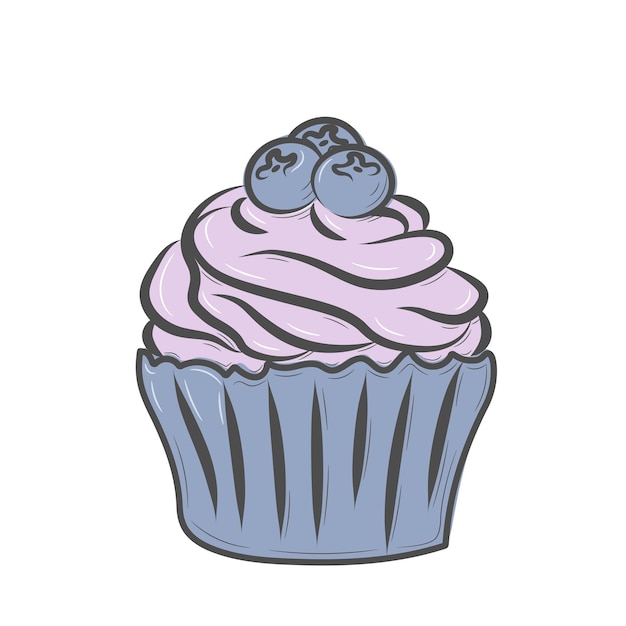 Un dibujo simple de una magdalena dulce con crema y arándanos. Muffin hecho a mano con crema batida.