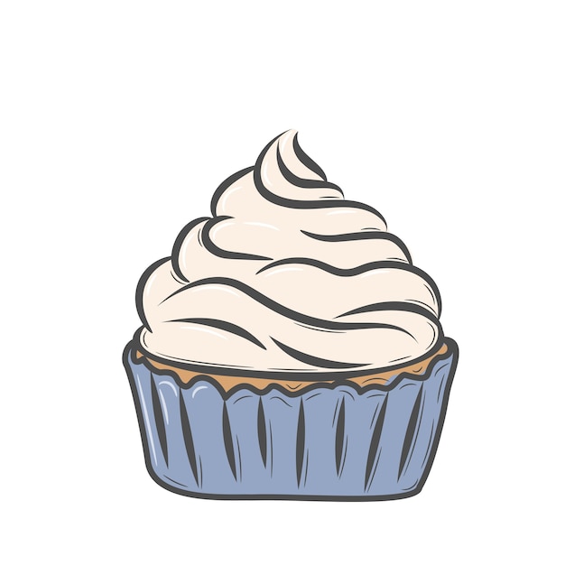 Un dibujo simple de una magdalena dulce con crema. muffin hecho a mano con crema batida.