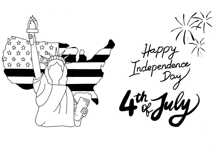 Dibujo simple a mano en blanco y negro de la Estatua de la Libertad, el continente de Estados Unidos y la bandera de Estados Unidos.