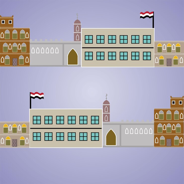 Vector un dibujo simplificado de edificios yemeníes o un barrio yemení