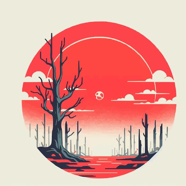 Dibujo simplista de un final del mundo detrás de un sol rojo muerto colores de gradiente simple vector mal