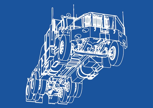 Dibujo sobre un fondo azul con líneas blancas camión tractor