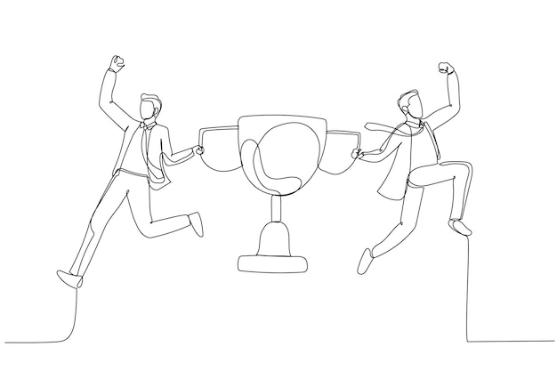 Dibujo del socio de negocios celebra el concepto de trofeo de victoria ganador del éxito del equipo Estilo de arte de línea continua única