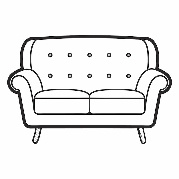 un dibujo de un sofá con un fondo blanco con un contorno negro