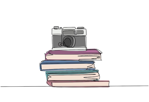 Dibujo de una sola línea de una antigua cámara fotográfica de plástico lomo retro. Equipo de lomografía clásico vintage.
