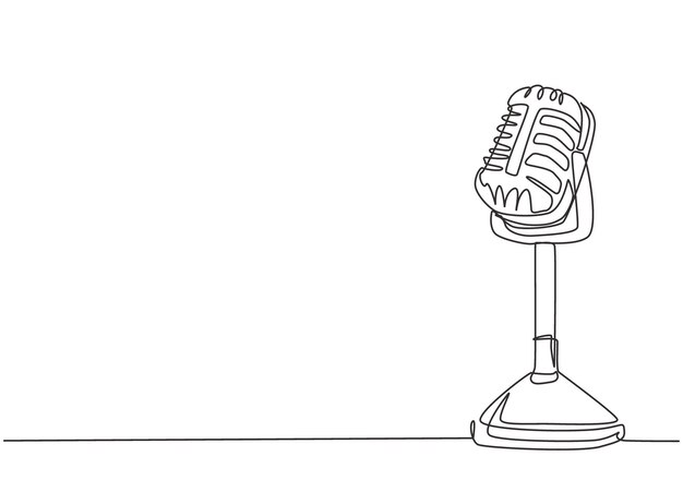 Un dibujo de una sola línea de un antiguo micrófono de radio clásico retro para transmitir un altavoz vintage