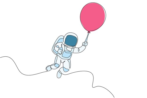 Un dibujo de una sola línea de un astronauta espacial explorando una galaxia cósmica volando con un vector de globo