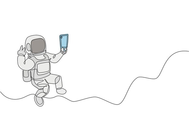 Un dibujo de una sola línea de un astronauta explorando la galaxia cósmica posando selfie con un vector de teléfono móvil