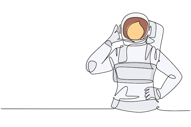 Dibujo de una sola línea astronauta con gesto de llamarme usando trajes espaciales para explorar el espacio