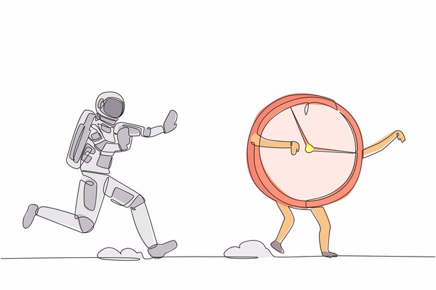 Dibujo de una sola línea de un astronauta persiguiendo una bombilla voladora en la superficie lunar Ilustración vectorial