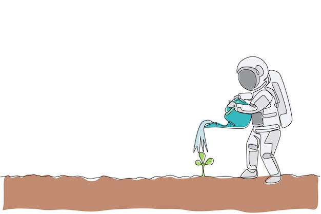 Un dibujo de una sola línea de un astronauta regando un árbol de plantas usando una lata de riego de metal en el vector lunar