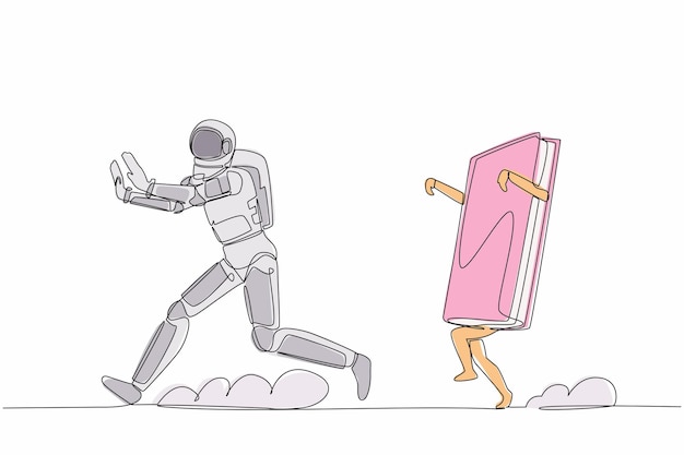 Dibujo de una sola línea de un astronauta siendo perseguido por un libro Ilustración del manual de astronautas inteligentes