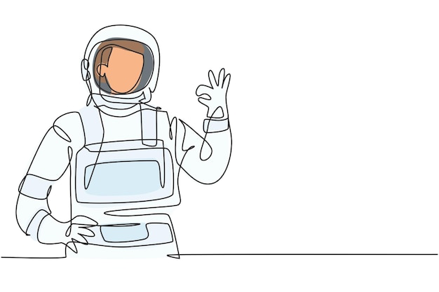 Dibujo de una sola línea de astronautas masculinos con gesto bien usando trajes espaciales exploran el espacio exterior