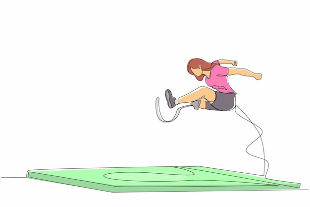 Dibujo de una sola línea de una atleta amputada en una pierna protésica en una competencia de salto de longitud en atletismo