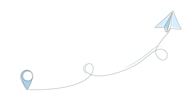 Dibujo de una sola línea de un avión de papel con la ruta de la línea de destino de la ruta de vuelo con la ubicación del punto de inicio Dibujo continuo de una línea para viajes de negocios o ilustración de viajes Editable stroke