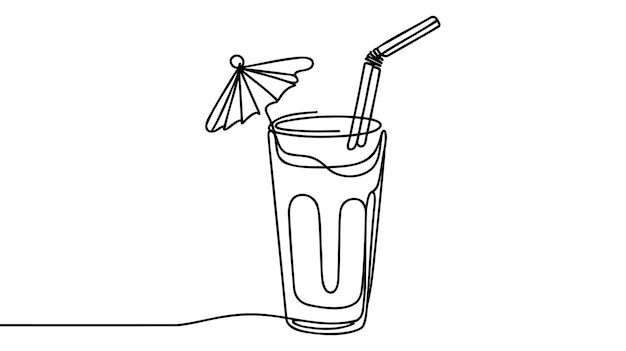 Un dibujo de una sola línea de batido de leche fresco con crema batida e ilustración vectorial del logotipo del wafer stick