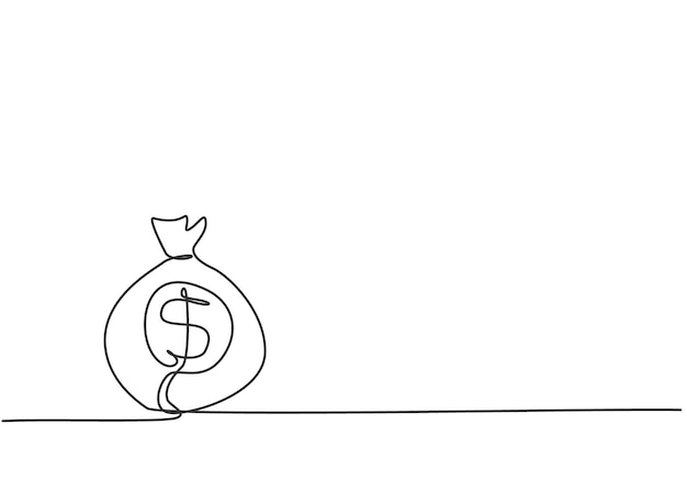 Dibujo de una sola línea de una bolsa de dinero en el suelo con un centavo y papel moneda dentro del vector de riqueza