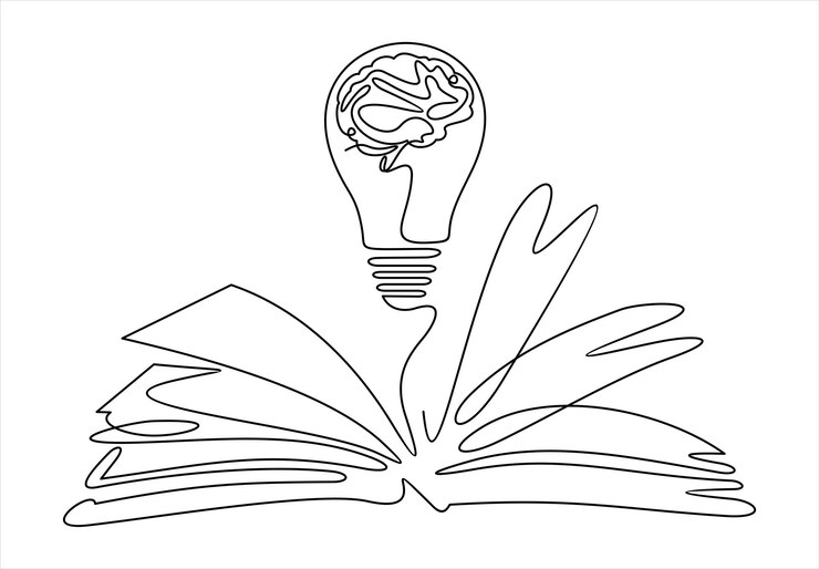 Vector un dibujo de una sola línea de una bombilla brillante por encima de un libro de texto abierto