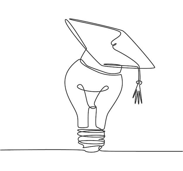 Un dibujo de una sola línea de una bombilla brillante con el logotipo de la gorra de graduación Vector de icono de la Academia de estudio