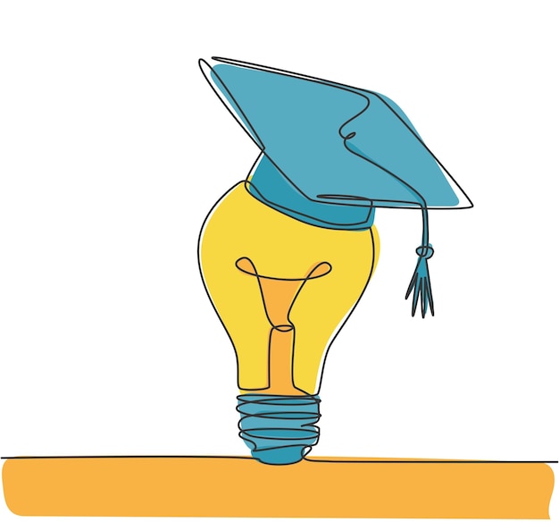 Un dibujo de una sola línea de una bombilla brillante con el logotipo de la gorra de graduación Vector de icono de la Academia de estudio