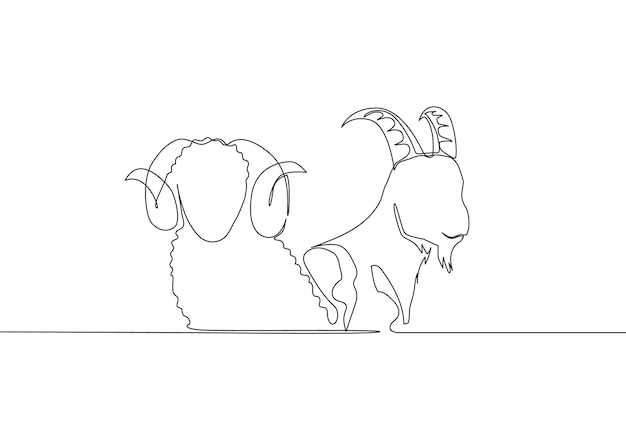 Dibujo de una sola línea cabeza de cabra y oveja Sacrificar animales como cabra camello oveja vaca Eid al Adha
