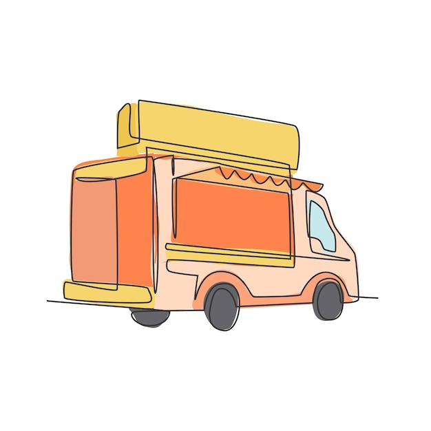 Un dibujo de una sola línea de un camión de comida vintage para el vector del logotipo del festival Logotipo de diseño de cafetería móvil
