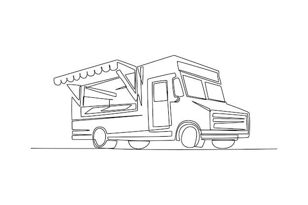 Vector dibujo de una sola línea camiones de comida restaurante sobre ruedas furgonetas para la venta de comida callejera concepto de automóvil diseño de dibujo de línea continua ilustración vectorial gráfica