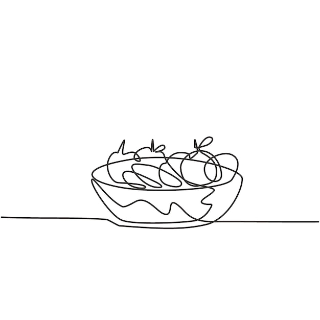 Un dibujo de una sola línea de una canasta llena de frutas como naranjas manzanas peras comida saludable